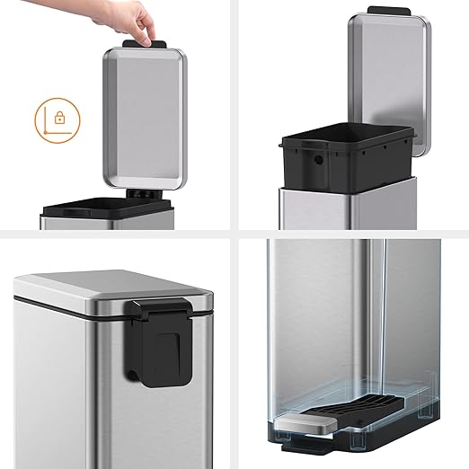Mbillion Bathroom Trash Can with Lid Slim Stainless Steel Small Bathroom Garbage Can 10 Liter, 2.6 Gallon Soft Close, Step Pedal, Slim Wastebasket for Toilet, Office, Bedroom, Brushed Silver
