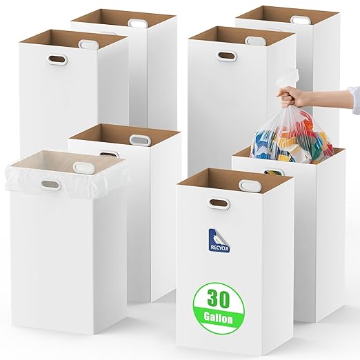 CINNIE&JHIN 30 Gallon Corrugated Cardboard Disposable Trash Cans with Built-in Handles, Heavy Duty 8 Pack Extra Large Portable Trash Can, Waterproof Layer Reusable Garbage Can, Recycling Bins