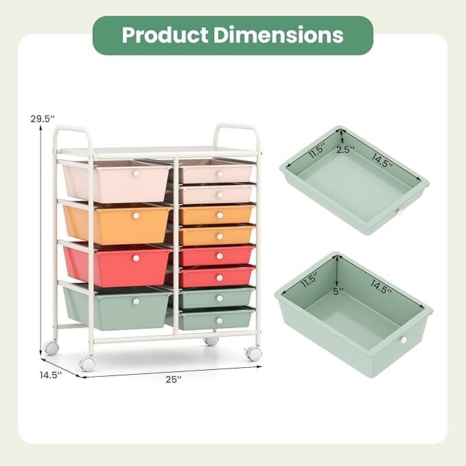 LDAILY 12 Drawer Rolling Storage Cart, Rolling Cart with Drawers for Classroom, Art Supply Craft Organizer on Wheel with Metal Frame & Handles for Home Office School (Macaron, 12 Drawer Left-Right)