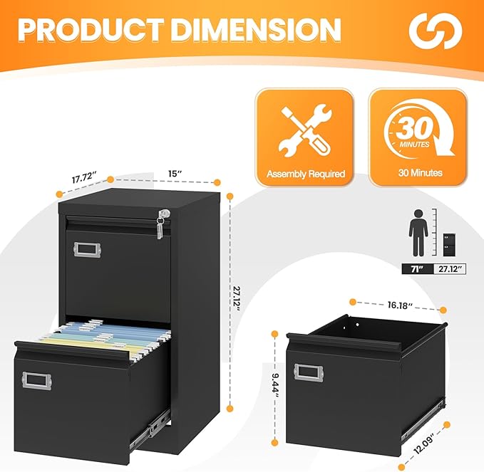 AFAIF 2 Drawer File Cabinet with Lock, Metal Filing Cabinets for Home Office, Vertical Black Small File Caninet, Steel Narrow Two Drawer File Cabnet for Letter/Legal / A4 / B4 - Assembly Required