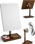 YEOUX Premium Desktop Glass Mirror, Dry Erase Board & Magnetic Phone Stand 3-in-1 | 360° Adjustable | Solid Wood | Compatible with MagSafe, Small Whiteboard for Office Home Desk