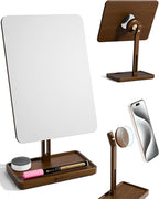 YEOUX Premium Desktop Glass Mirror, Dry Erase Board & Magnetic Phone Stand 3-in-1 | 360° Adjustable | Solid Wood | Compatible with MagSafe, Small Whiteboard for Office Home Desk