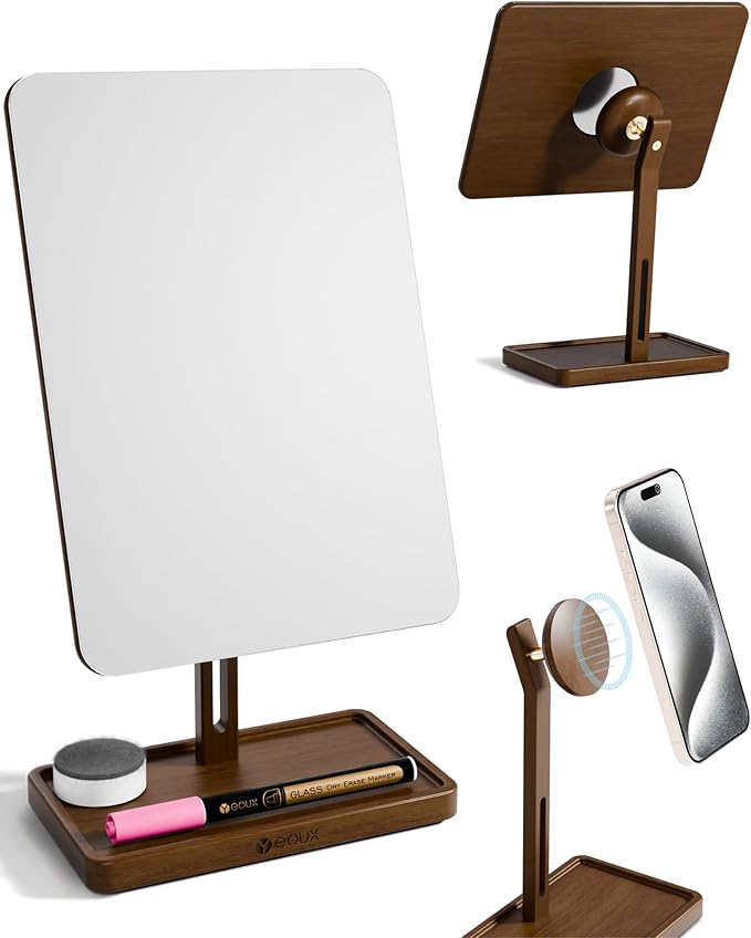 YEOUX Premium Desktop Glass Mirror, Dry Erase Board & Magnetic Phone Stand 3-in-1 | 360° Adjustable | Solid Wood | Compatible with MagSafe, Small Whiteboard for Office Home Desk