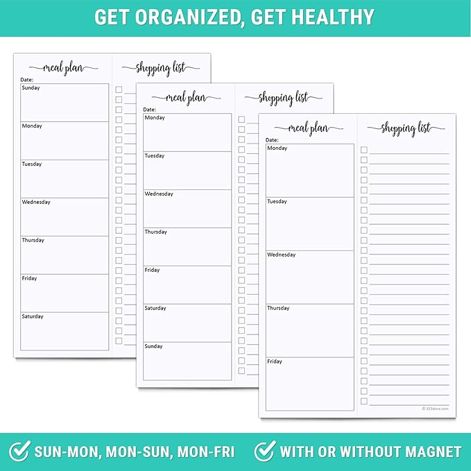 321Done Meal Planning Notepad - 50 Sheets (5.5x8.5) - Perforated Weekly Meals Planner Shopping List Menu Groceries Grocery List, Tear Off Memo Pad - Made in USA - Simple Script