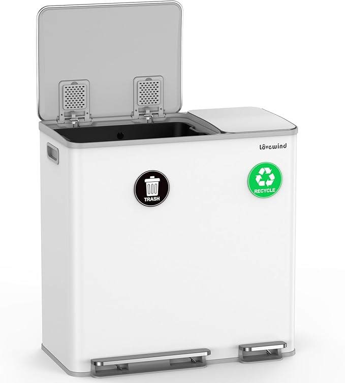 Lovewind Dual Trash Can, 14 + 6 Gallon Garbage Can for Kitchen Dual Compartment Recycling Kitchen Step Trash Bin, Stainless Steel Trash and Recycle Bin Combo with Soft-Close Lid, White