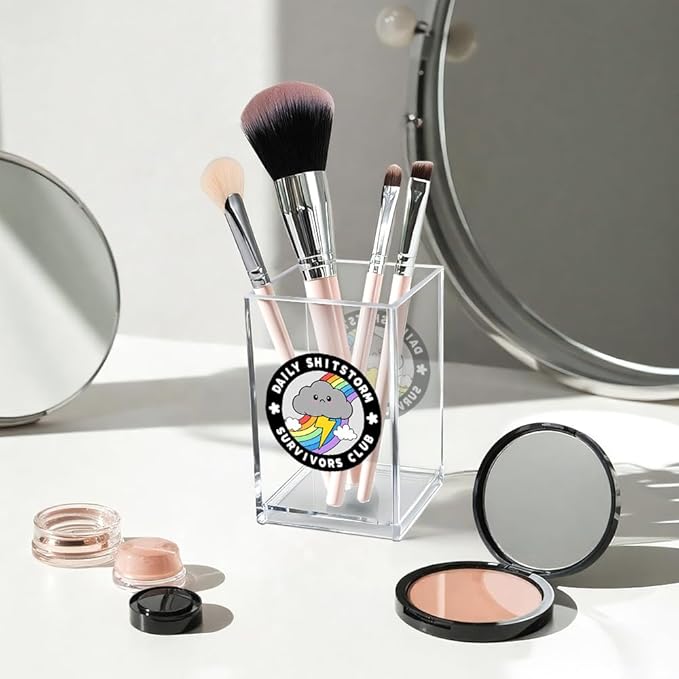 Vgrti Daily Sh!tstorm Survivors Club Acrylic Cosmetic Pencil Pen Holder Cup, Funny Rainbow Storm Cloud Desk Organizer Accessory for Home Office Decor, Humor Sarcastic Work Gifts for Women Men Coworker