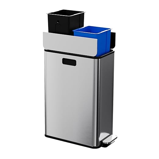 Garvee Kitchen Dual Trash Can, 15 gal Large Recycling Bin Garbage Can with Butterfly Lid, Fingerprint Resistant Stainless Steel Trash Bin for Kitchen, Living Room, Office (2 x 28 L)