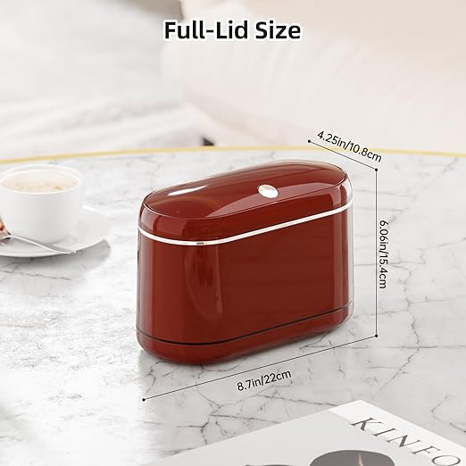PAVSTINE Mini Trash Can for Desk with 5 Rolls of Trash Bags, Small Press-Top Countertop Garbage Bin, Removable Waste Basket for Bedroom, Vanity, Coffee Table, Kitchen (Red Full-Lid)