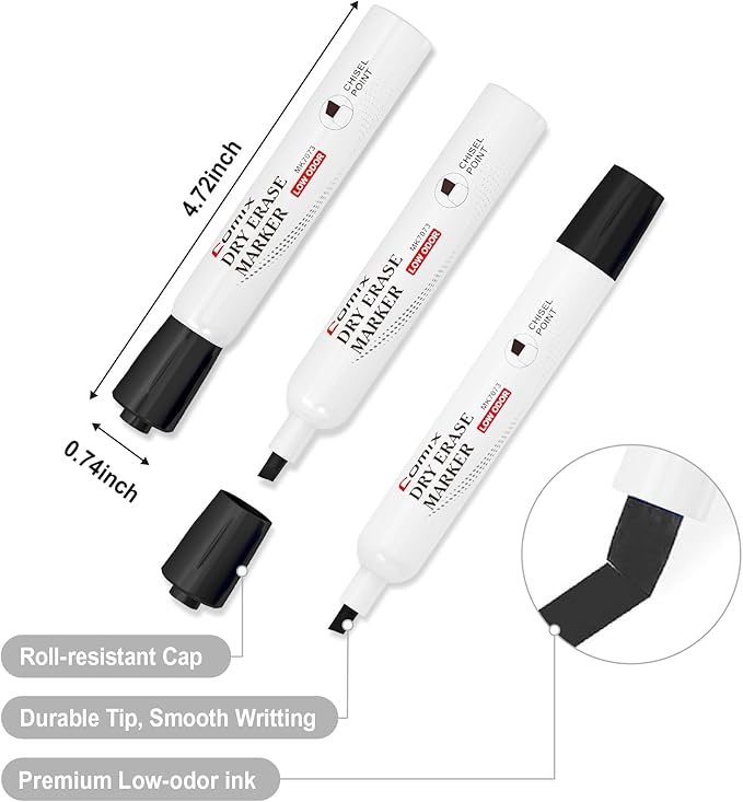 Comix Low Odor Dry Erase Markers Black, 36 Bulk Black Color Whiteboard Markers, Chisel Tip Thick Markers for Classroom, Teachers, Office, School Supplies