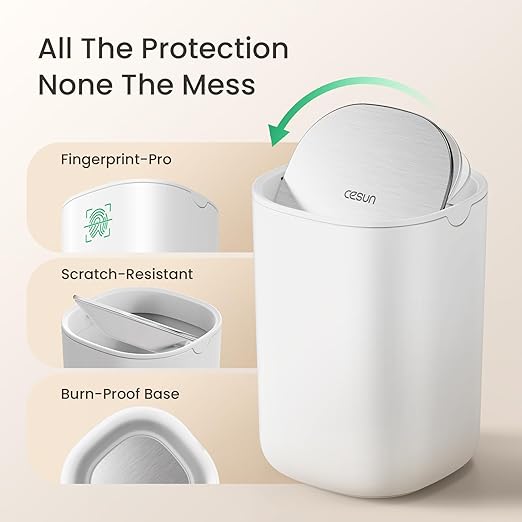 Cesun Mini Desktop Trash Can with Swing Lid, 0.4 Gallon Small Desk Trash Can, Countertop Wastebasket, Modern Tiny Tabletop Bin for Home Office, Makeup Area, or Car Interior (White)