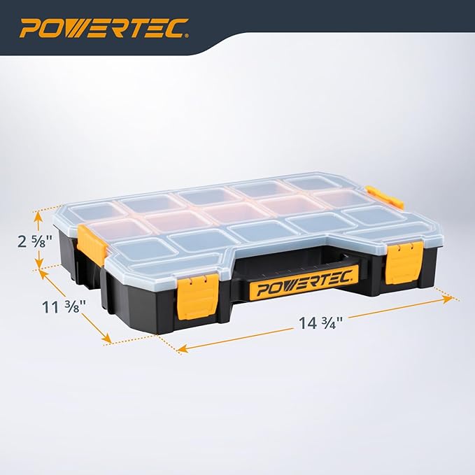 POWERTEC Stackable Tool Box Organizer with Removable Dividers - 17 Compartments, Interlocking, Portable Design (72118)