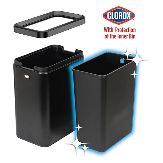 Clorox Slim Open Trash Can - 2.6 Gallon (10 Liter) Small Metal Waste Basket with Removable Bucket for Narrow Spaces - Stainless Steel Garbage Bin for Bathroom, Bedroom, or Office, Black