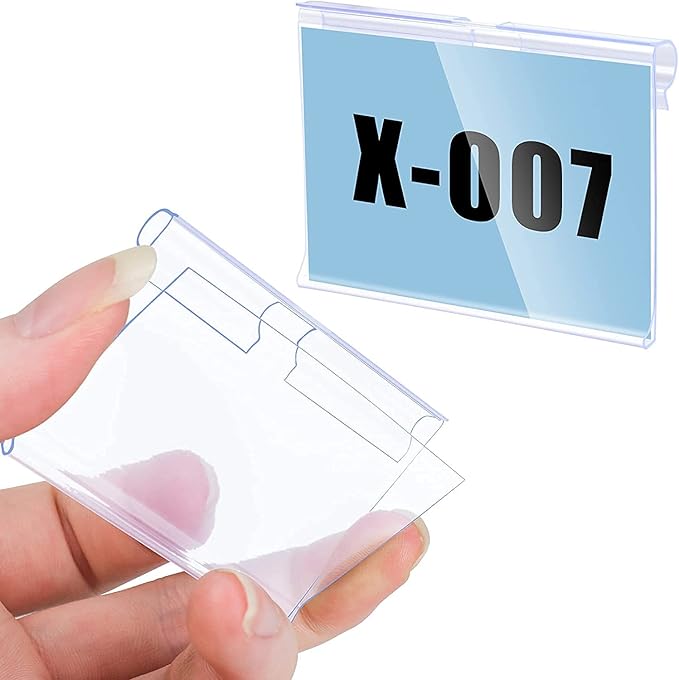 Meetory 50 PCS Clear Plastic Label Holders for Wire Shelf Retail Price Label, Basket Bin Labels Clip On, Labels for Storage Bins, Merchandise Sign Display Holder for Supermarket,Label Papers Included