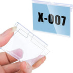 Meetory 50 PCS Clear Plastic Label Holders for Wire Shelf Retail Price Label, Basket Bin Labels Clip On, Labels for Storage Bins, Merchandise Sign Display Holder for Supermarket,Label Papers Included