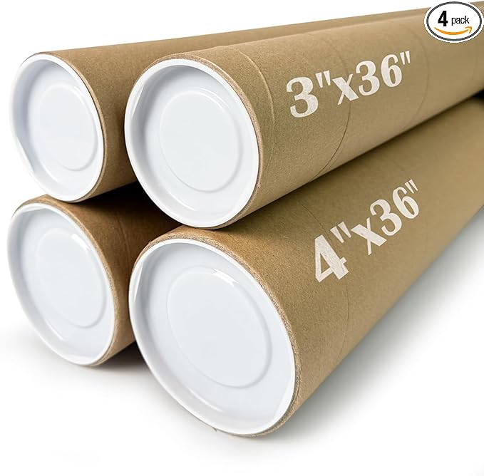 SEEYAURO 4-Pack Mailing Tubes with Caps, Kraft Paper Cardboard Storage Tubes for Shipping, Prints, Documents, Crafts & Golf Clubs (4in*36in, 3in*36in)