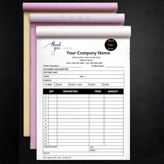 Custom Carbonless Sales Invoice Form Books for Small Business, Personalized NCR 3-Part Receipt Book with Carbon Copies, Cover Add Company Name, Address and Number Printed