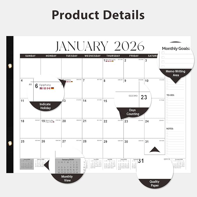 2026 Desk Calendar, Large Desk Calendar 22" x 17" (Jan 2026 - Jun 2027) Monthly Desktop Wall Planner for Family Teacher School Office Supplies, Black-White