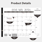 2026 Desk Calendar, Large Desk Calendar 22" x 17" (Jan 2026 - Jun 2027) Monthly Desktop Wall Planner for Family Teacher School Office Supplies, Black-White