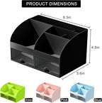 Desk Organizer with 6 Compartments and 2 Drawers, Plastic Makeup Organizer, Pen Holder for Desktop Storage, Desk Organization for School, Home, Office Supplies (Black)