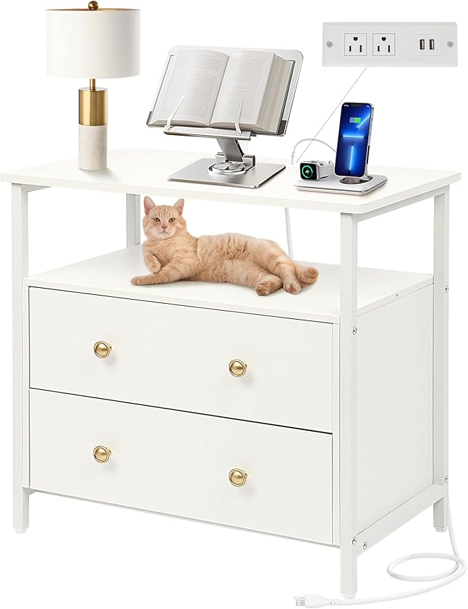 Edbuosy 27 inch Wide Night Stand with Charging Station, Bedside Table with Open Shelf, 2 Drawers Small Wood Dresser, Modern Wood Nightstand for Bedroom/Living Room (White)