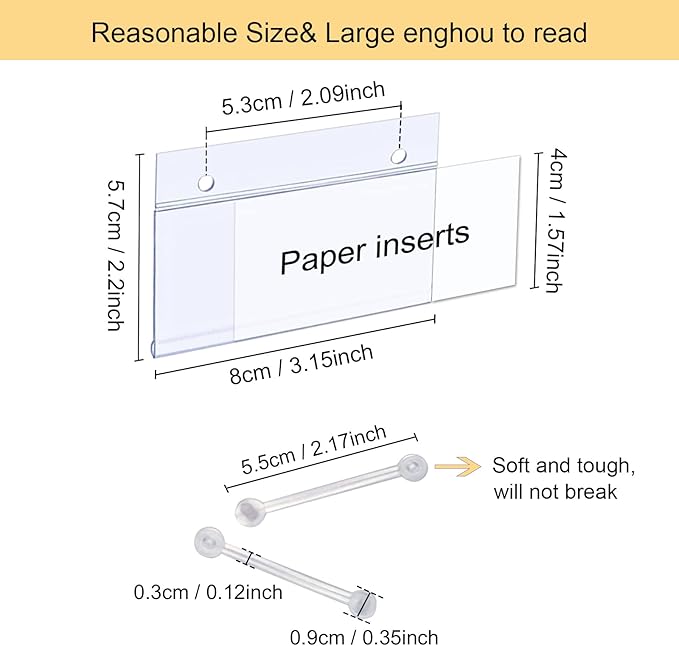 ChanQnTon Plastic Shelf Labels, 60pcs Label Holders with 120pcs Snap Lock Hanging Loops and 60pcs Matched Paper Inserts for Wire Basket,Price Tags,Shelf Tags for Wire Shelving 3.15x1.57inch