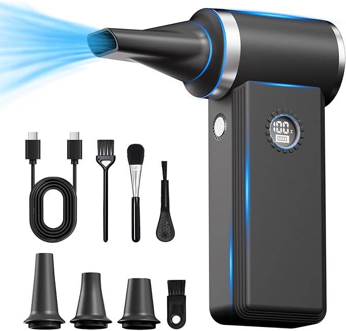 Compressed Air Duster- 180000 RPM Brushless Motor,45W Fast Charge,4-Speed Adjustable Electric Air Duster, Rechargeable Mini Duster Blower for PC,Keyboard,Car,Outdoors,Home and Snow Clearing,Black