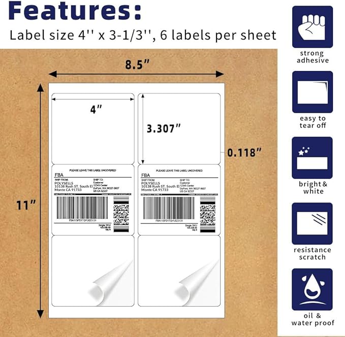POLYSELLS Self Adhesive 3-1/3" x 4" Address Shipping Labels, 6UP White Sticker FBA Labels, Inkjet/Laser Printer Compatible, 6 Labels/Sheet, 500 Sheets/3000 Labels