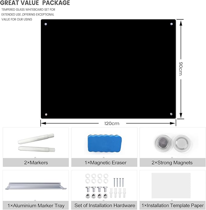 JYYPWB Magnetic Glass Whiteboard 48" x 36" Dry Erase Board Frameless Premium Tempered Galssboards Wall Mounted Glossy writeboard with Eraser, Marker Tray for Interactive Office, (Black)