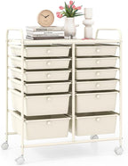 LDAILY 12 Drawer Rolling Storage Cart, Craft Cart Organizer on Wheels w/Metal Frame, Large Capacity & Smooth Drawer, Rolling Cart w/Drawers for Classroom, Office