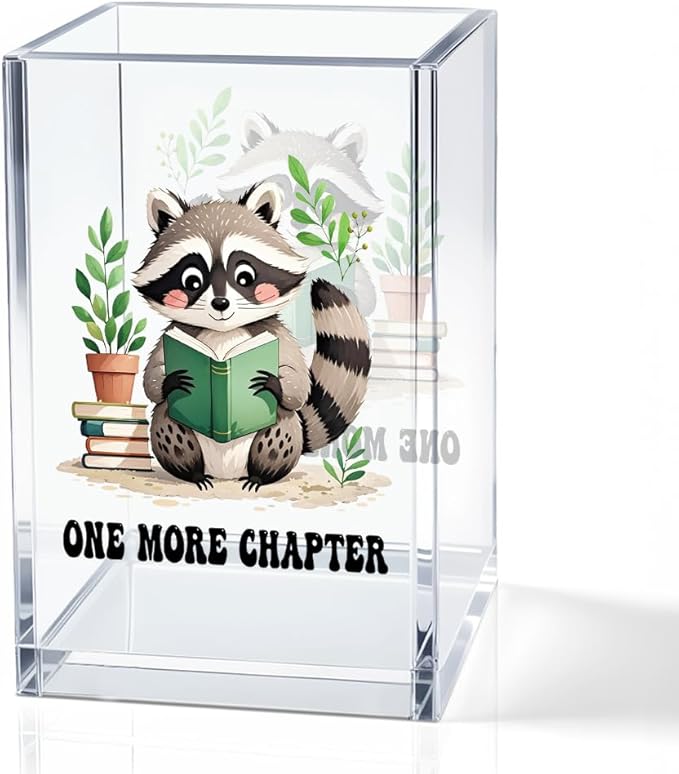 QYUVK One More Chapter Acrylic Pencil Holder Cup, Book Lover Gifts for Women, Funny Reading Raccoon Desk Organizer and Accessories for Raccoon Lover Bookish Bookworms Readers, Pen & Bookmark Holder