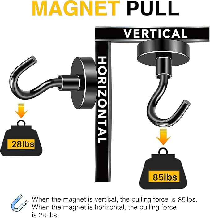 DIYMAG Black Magnetic Hooks, 85 LB Heavy Duty Strong Magnets with Hook, Rare Earth Neodymium Magnet Magnetics for Cabins Cruise Ship Essentials 4 Packs