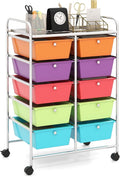 HAPPYGRILL 10-Drawer Rolling Storage Cart, Storage Organizer Cart with Lockable Wheels, Beauty Salon Movable Utility Cart for School, Office, Home, (Colorful)