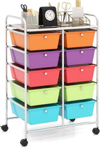 HAPPYGRILL 10-Drawer Rolling Storage Cart, Storage Organizer Cart with Lockable Wheels, Beauty Salon Movable Utility Cart for School, Office, Home, (Colorful)