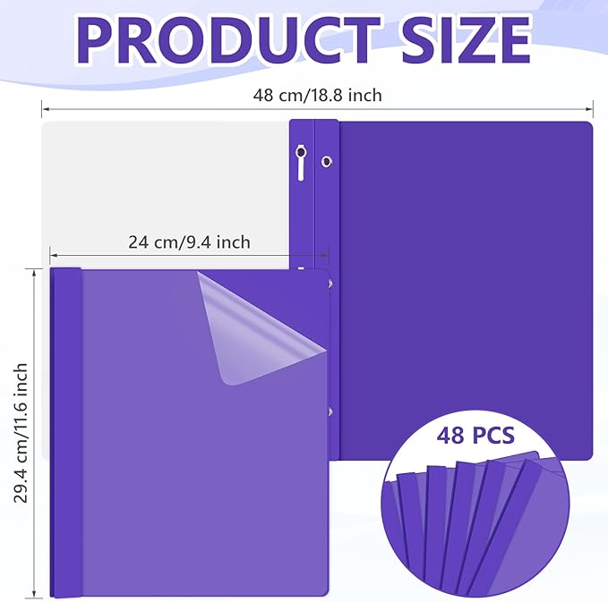 Feifeiya 48 Pack Plastic Report Covers with 3 Prongs Presentation Folders Bulk, 100 Sheet Capacity, Clear Front Report Covers for Presentation Document Paper School Office Supplies (Purple)
