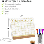 Light Up Clear Dry Erase Calendar 13 x 9 inch with 5 Markers, Acrylic Lighting Markable Calendar Board Agenda for Bedroom/Office/Home/Kitchen