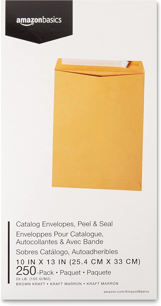 Amazon Basics Catalog Mailing Envelopes, Peel and Seal, 10x13 Inch, Brown Kraft, 250-Pack