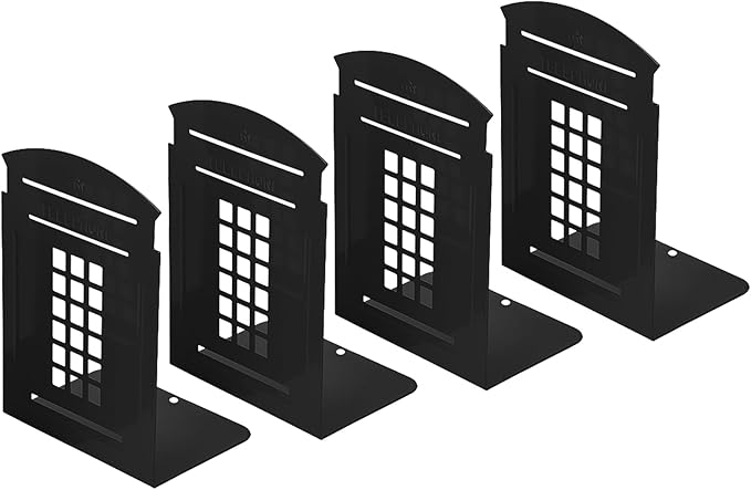 MerryNine 4 Pack Book Ends, Metal Bookends for Shelves, Telephone Booth Decorative Bookends, Non Skid Heavy Bookends, Book, Magazine or CD Organizers for Home and Office (Black-4pcs)