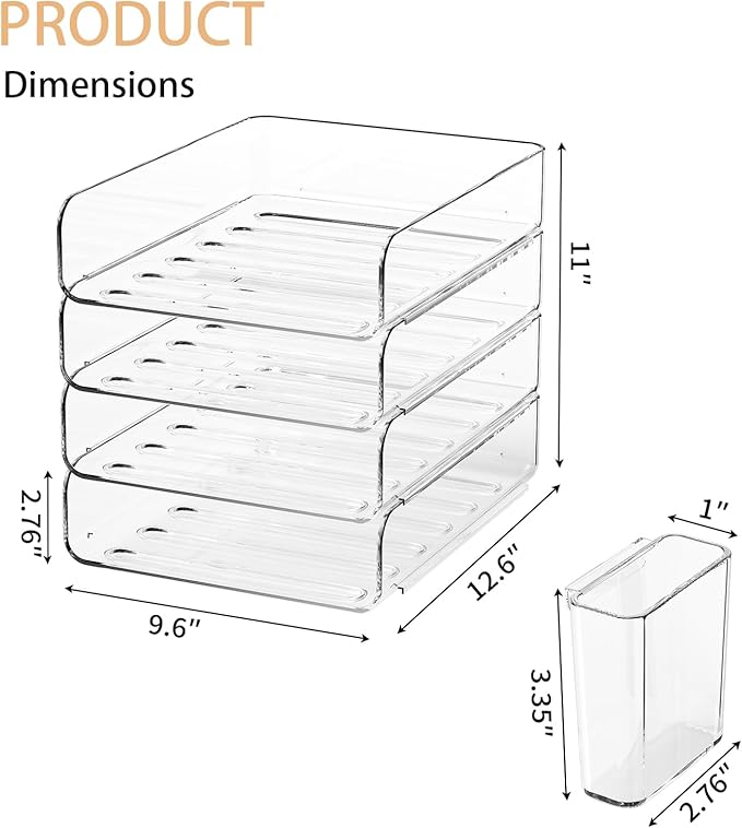 FANXIYQ 4-Tier Acrylic Paper Tray Organizer with Pen Holder | Clear Stackable Desk Organizer for Documents, Letters, A4 Paper | Modern Office/Classroom/Home Organization