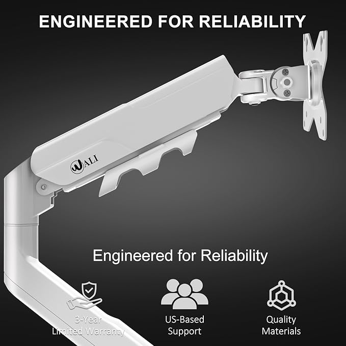 WALI Heavy Duty Single Monitor Arm for 17-49 Inch Flat Curved Ultrawide Screens, up to 33 Lbs, Adjustable Gas Spring Single Monitor Desk Mount for Home Office Gaming, VESA 75/100mm (GSM001XLNW), White