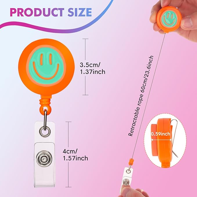 6Pcs Cute Badge Reel Set – Happy Face Retractable Badge Holder with Clip, ID Badge Reel for Nurses, Teachers, Hospital, Office & School (Colorful)