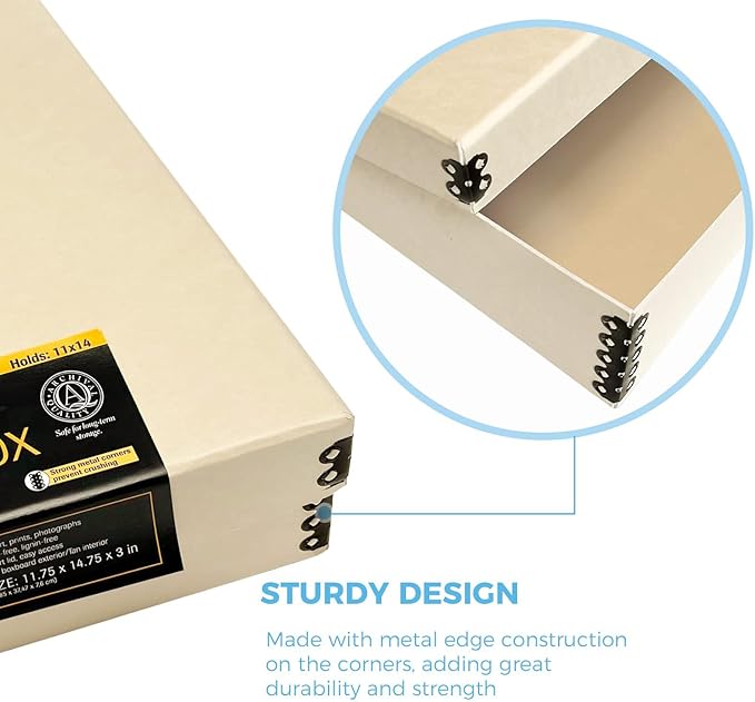 Lineco Museum Archival Storage Box, 11.75x14.75x3 in. Drop Front Design. Acid-Free with Metal Edge. Organize Photos, Pictures, Prints, Documents, Crafts, DIY. Tan, 1 Pack