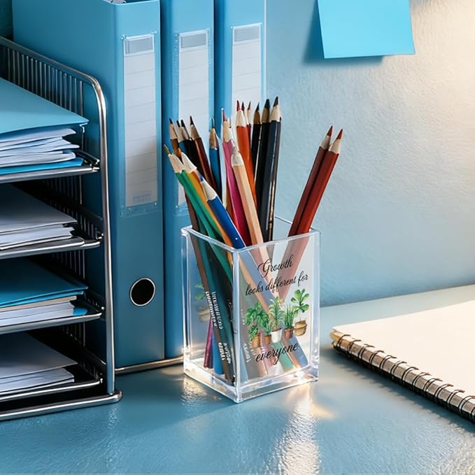 QYUVK Growth Looks Different for Everyone Acrylic Cosmetic Pencil Holder Cup, Funny Plant Pen Holder for Women Teacher, Home Office Classroom Desk Accessories, Inspirational Gifts for Coworker Friend