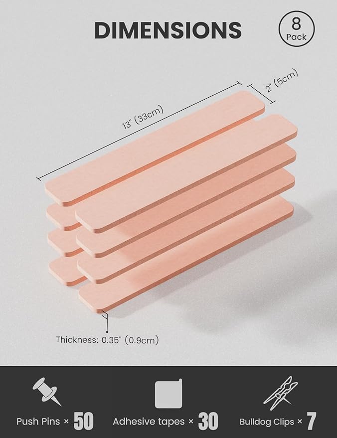 Fluxynara Cork Board Alternative Felt Strip Board 8-Pack 13"x2", Office Pin Board with 50 Push Pins, Adhesive Install for Bedroom Door & Home Office(Pink)