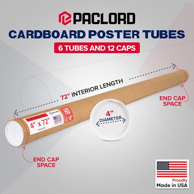 Paclord 4" x 72" Heavy-Duty Reinforced Cardboard Mailing Tube, Pack of 6 Tubes with 12 Caps – Secure USPS Approved – Great for Shipping and Storing of Prints, Artwork, Posters or Documents