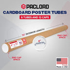 Paclord 4" x 72" Heavy-Duty Reinforced Cardboard Mailing Tube, Pack of 6 Tubes with 12 Caps – Secure USPS Approved – Great for Shipping and Storing of Prints, Artwork, Posters or Documents