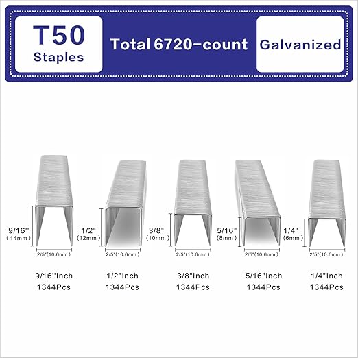 HW HAMWOO 20 Guage Galvanized T/50 Staples,5 Sizes Assorted Size Project Pack for Staple Gun or T-50 Stapler (1/4"+5/16"+3/8"+1/2"+9/16"-6720 pcs)