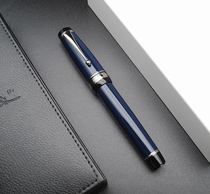 xixixiaozhu Metal Big Fountain Pen Set Medium Nib 0.7mm, Includes Ink Refill Converter, 5 Ink Cartridges & Gift Box (Medium Nib 0.7mm, Dark Blue with Silvery Clip)
