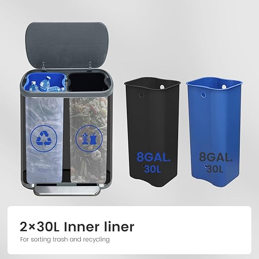 JM ·YIPENG Dual Trash Can Stainless Steel Recycle Bins for Kitchen, 16 Gallon Dual Compartment Recycling Trash Can with Soft-Close Lid and Removable Liner Buckets for Kitchen, Living Room, Sliver