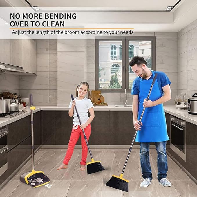 Brooms with Dustpan Combo Set， with 52" Long Handle, Dustpan Teeth with self-Cleaning Function, Indoor and Outdoor Sweeping, Perfect for Home Office (Large/Yellow/ 2-Pack)