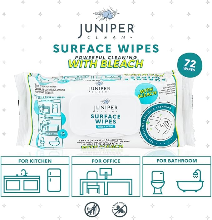 Juniper CLEAN 1 Pack Surface Wipes with Bleach, All-Purpose Cleaner for Bathroom, Kitchen, Office, 72 Count Soft Flow, Fresh Scent, Lint Free & Durable